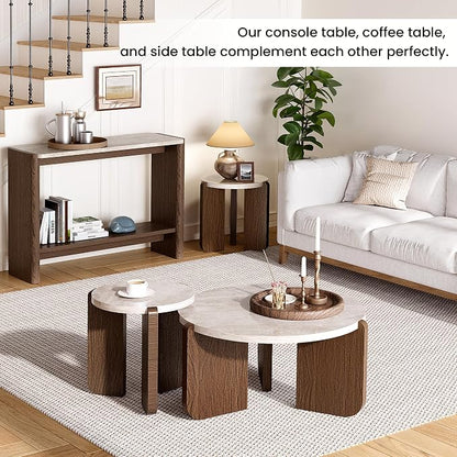 SUNBURY Modern Round Coffee Table with Sturdy Base, Wood Center Tables for Living Room Reception Room, Faux Marble Tabletop, Easy Assembly (Only One Coffee Table Included)