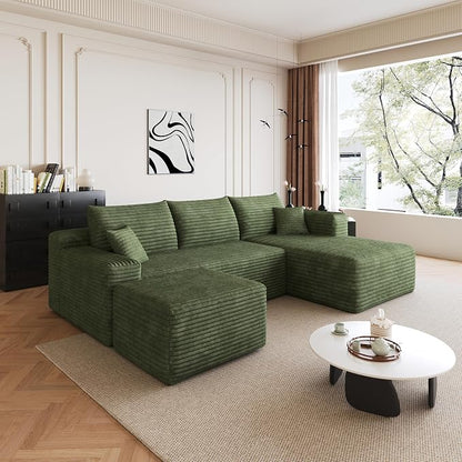 95" Cloud Boneless Sectional Sofa Couch with Chaise Lounge and Ottoman, Modern Corduroy Right Facing Modular Sectional Sofa Compressed Corner Couch with Deep Seat, No Assembly Required