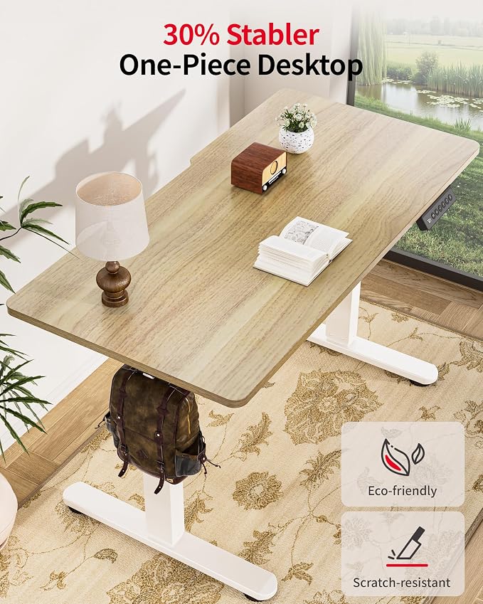 Okin Standing Desk Electric Adjustable Computer Whole Piece Stand up Desk with Wheels Office Gaming Home Office Memory Desks 48x24 inches Cream Pecans