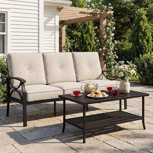 FansaFurn 3 Seats Outdoor Patio Furniture Set, Outdoor Metal Sectional Furniture with Cushions, Outdoor Conversation Set with Coffee Table for Deck, Balcony, Backyard, Garden, Black
