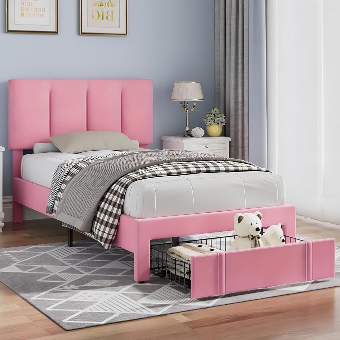 VECELO Twin Size Bed Frame with Storage Drawer, Heavy-Duty Bedframe with Tufted Headboard & Wooden Slats & Steel Framework, No Box Spring Needed, Pink