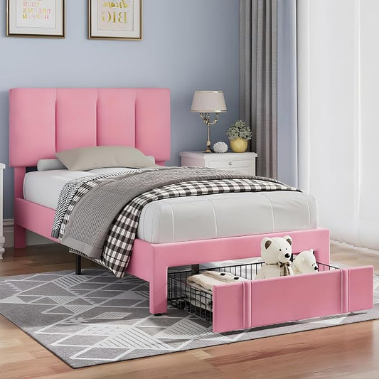 VECELO Twin Size Bed Frame with Storage Drawer, Heavy-Duty Bedframe with Tufted Headboard & Wooden Slats & Steel Framework, No Box Spring Needed, Pink