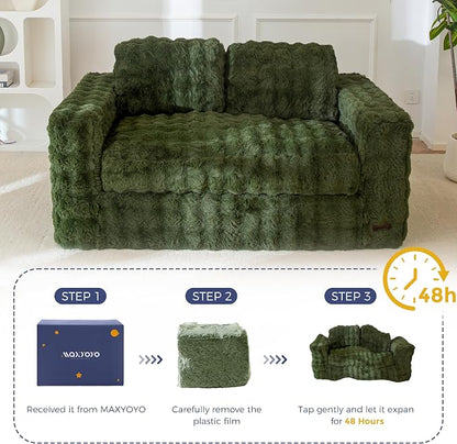MAXYOYO Loveseat Sofa for Living Room, Small Sofa Couch Tufted Boneless Couch, Comfy Bean Bag Chair for Small Space Bedroom Apartment, No Assembly Needed, Green