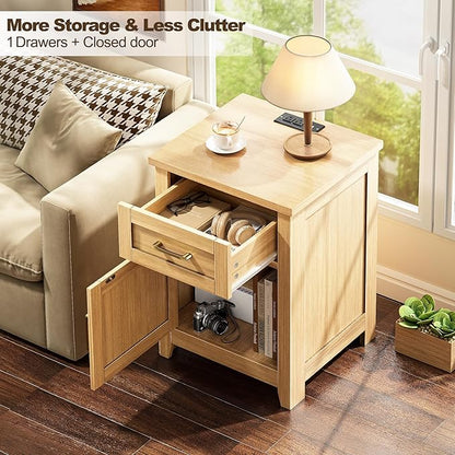 Decofy Farmhouse Nightstand with Charging Station, Set of 2 Modern End Tables with Large Storage and One Drawers, Outlets, USB Ports & Type-C Ports, Wood Rustic Nightstands for Bedroom (Oak)