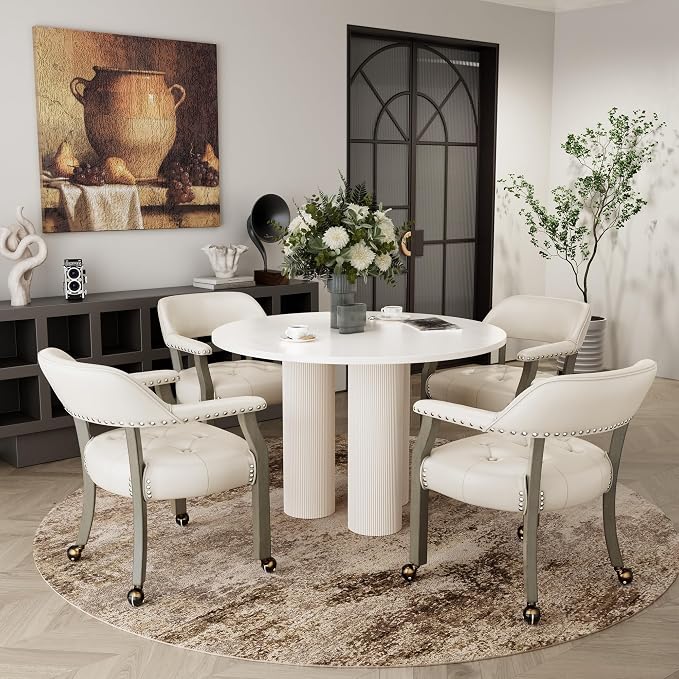 LEEMTORIG Set of 2 Large Dining Chairs with Casters and Arms, Rolling Dining Chairs with Wheels, Game Chairs, Solid Wood Boss Caption's Chairs, 26" D x 25.2" W x 31.5" H, Grey Legs & Ivory SY-1318-WT