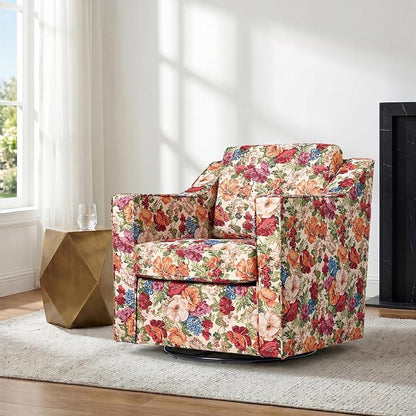 Swivel Accent Chair, Modern Round Barrel Arm Chair for Living Room, Bedroom, Comfy Club Reading Chairs for Adults (Beige Floral, Set of 2)