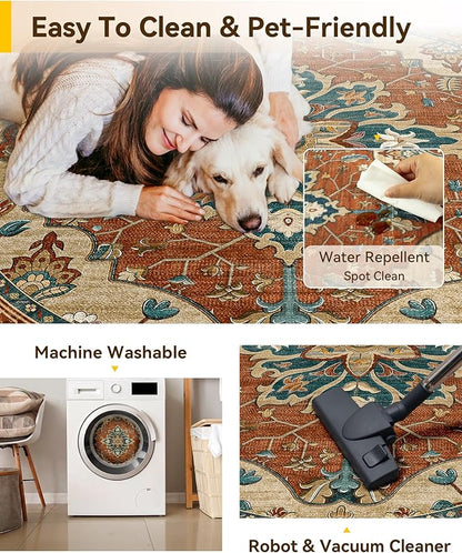 RELEANY Area Rugs Round 5ft Washable Non-Slip, Floral Vintage Distress Medallion Carpet for Living Room Bedroom Dining Room, Red Orange Blue Brown