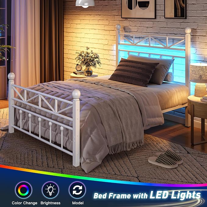 EnHomee 14.2" Metal Twin Bed Frames with Tall Headboard & Footboard, LED Light Twin Bed Frame, Strong Slats Support and Noise-Free Design with Under Bed Storage/No Box Spring Needed/White