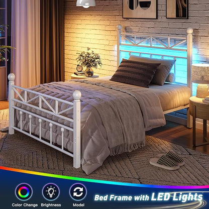 EnHomee 14.2" Metal Twin Bed Frames with Tall Headboard & Footboard, LED Light Twin Bed Frame, Strong Slats Support and Noise-Free Design with Under Bed Storage/No Box Spring Needed/White