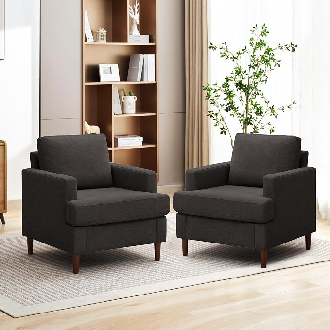 Weture Mid-Century Accent Chair,Modern Linen Fabric Armchair for Living Room,Comfy Upholstered Reading Accent Chairs for Bedroom,Single Sofa Chair with Wood Legs (Dark Grey, 2 Pack)