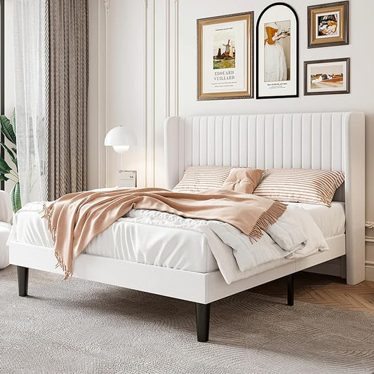 SHA CERLIN Full Size Velvet Bed Frame with Vertical Channel Tufted Wingback Headboard, Upholstered Platform Bed with Wood Slats, No Box Spring Needed, Easy Assembly, White