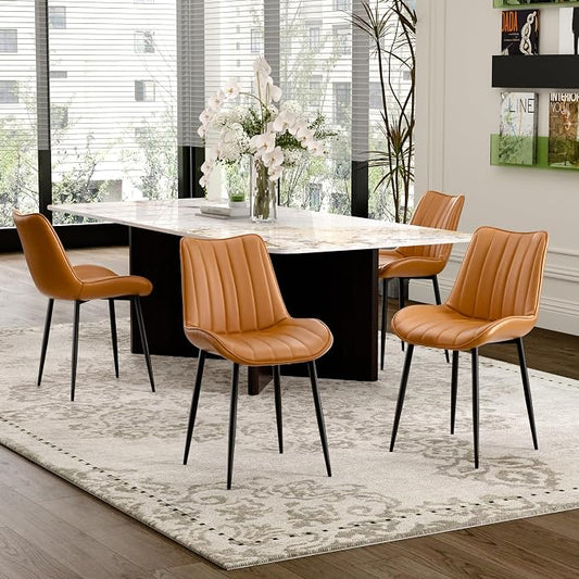 VECELO Dining Chairs Set of 4, Vegan Leather Fabric & Metal Frame, Mordern Style for Kitchen, Living Room,Offcie，Brown