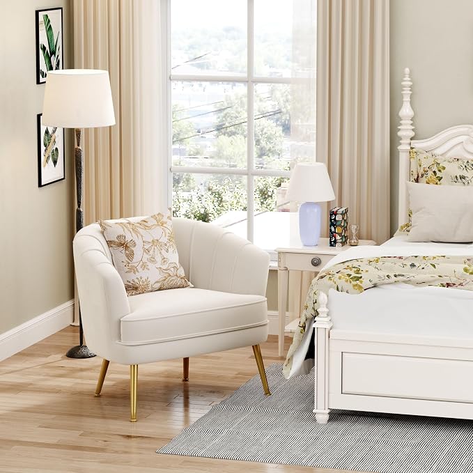 Andeworld Velvet Accent Chair, Upholstered Modern Single Sofa Side Chair,Comfy Barrel Club Living Room Armchair with Golden Metal Legs for Bedroom Living Reading Room Office, Beige