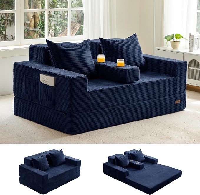 MAXYOYO Loveseat Sofa Bed, 64" Foldable Floor Sofa Couch in A Box with 2 Cup Holders, 4 in 1 Convertible Boneless Couch Folding Recliner Chair for Living Room, No Assembly Required, Navy