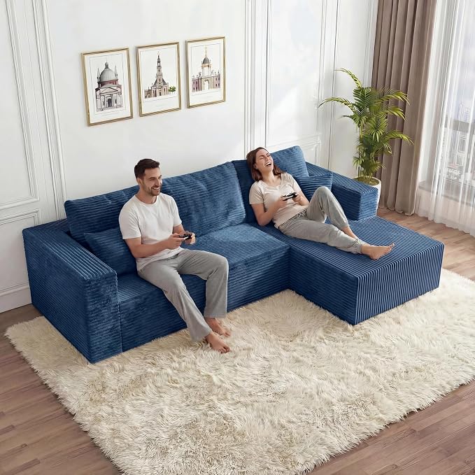 108" Modular Sectional Sofa,L-Shaped Cloud Couch with Deep Seats & Chaise,Convertible Corduroy Boneless Couches for Living Room,Bedroom,No Need Assembly,Blue(Right Facing Chaise)