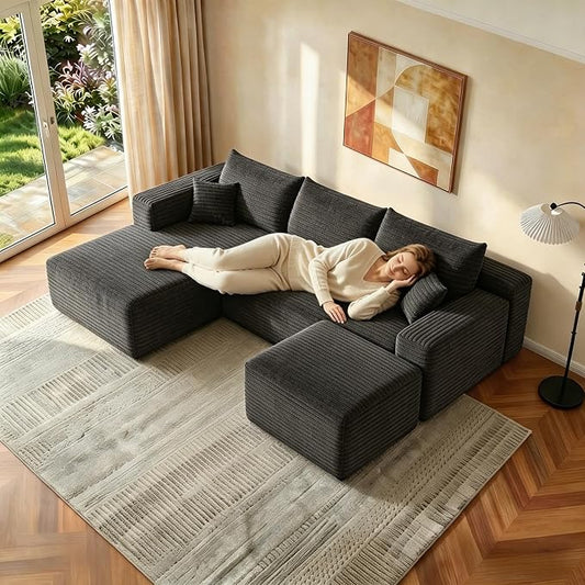 JINGLING 94" U Shaped Boneless Sectional Couch Set for Living Room, Plush Corduroy Modular Sofa with Ottoman, Small Space Apartment Couch, No Assembly, Left Facing Chaise, Dark Grey