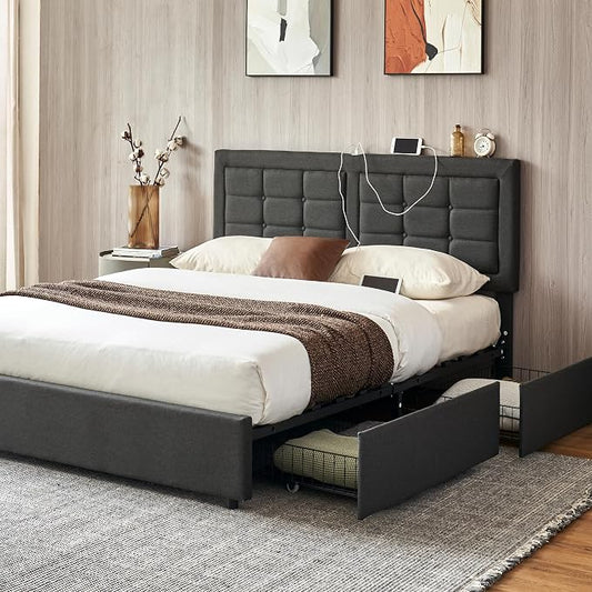 VECELO Full Size Bed Frame with 4 Drawers, Adjustable Tufted Button Headboard, Upholstered Platform with Wood Slats Support, Built-in USB and Type C Ports, Dark Gray