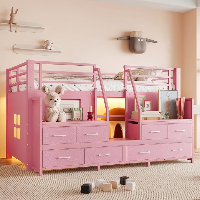 Bellemave Low Loft Bed Twin Size with Storage Shelves & Fabric Drawers, Metal Twin Loft Bed for Kids with LED Lights & Under-Bed Play Area, Low Loft Bed Frame for Bedroom, No Box Spring Needed, Pink