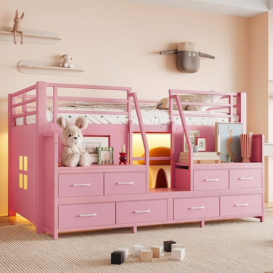 Bellemave Low Loft Bed Twin Size with Storage Shelves & Fabric Drawers, Metal Twin Loft Bed for Kids with LED Lights & Under-Bed Play Area, Low Loft Bed Frame for Bedroom, No Box Spring Needed, Pink