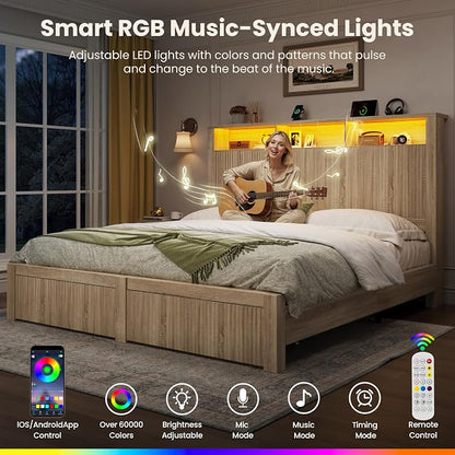 CypBed Queen Size Bed Frame with Headboard and Storage Drawers, Queen Bed Frame with LED Light and Charging Port, Farmhouse Wavy Design, Wood & Metal Platform, Noise-Free, No Box Spring Needed, Wood
