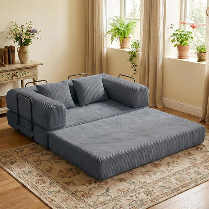 ZEIINPA 59“ Convertible Floor Sofa Bed, 5-in-1 Futon Sofa Bed Pull Out Sleeper Couch, Modern Corduroy Compressed Loveseat, Modular Boneless Couches for Living Room, No Assembly Required, Gray