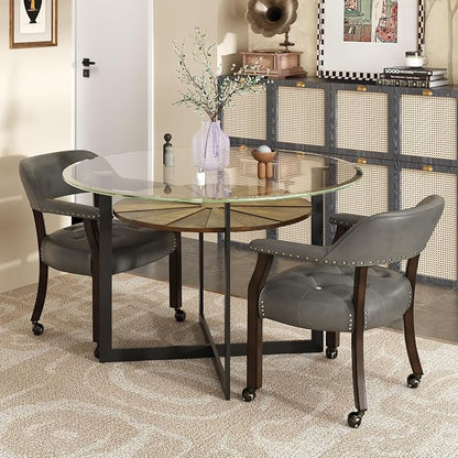 LEEMTORIG Dining Chairs with Casters and Arms, Rolling Dining Chairs with Wheels, Game Poker Table Chairs, Solid Wood Boss Caption's Chairs Office Desk Chairs, Espresso Legs & Dark Grey, XXY-1910-DG