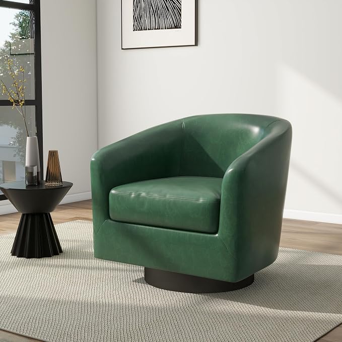 Swivel Barrel Accent Chair, Modern Round Faux Leather Arm Chair for Living Room, Bedroom, Comfy Club Reading Chairs for Adults(Faux Leather, Green, Set of 1)