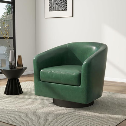 Swivel Barrel Accent Chair, Modern Round Faux Leather Arm Chair for Living Room, Bedroom, Comfy Club Reading Chairs for Adults(Faux Leather, Green, Set of 1)