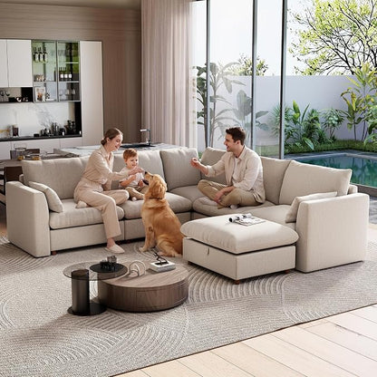 Ihanherry 111" Oversized Modular Sectional Sofa, Modern V Shaped Cloud Couch with Storage Ottoman, 6-Seat Comfy Chenille Deep Seat Sofa with 2 Pillows for Living Room, Khaki