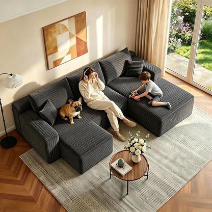 JINGLING 94" U Shaped Boneless Sectional Couch Set for Living Room, Plush Corduroy Modular Sofa with Ottoman, Small Space Apartment Couch, No Assembly, Right Facing Chaise, Dark Grey