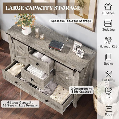 AMERLIFE 3-Piece Farmhouse Bedroom Set, Queen Size Bed with Sliding Barn Doors & Bookcase Headboard, 5-Drawer Tall Dresser, 4-Drawer Wide Dresser, Light Rustic Oak