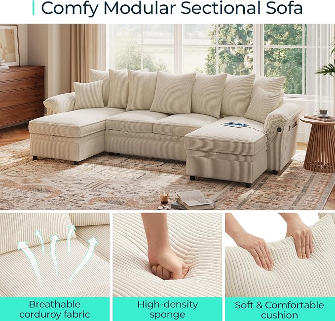 LINSY HOME Oversized Sectional Sleeper Sofa with Pull Out Couch Bed (Beige, 118.5'') | USB Charging