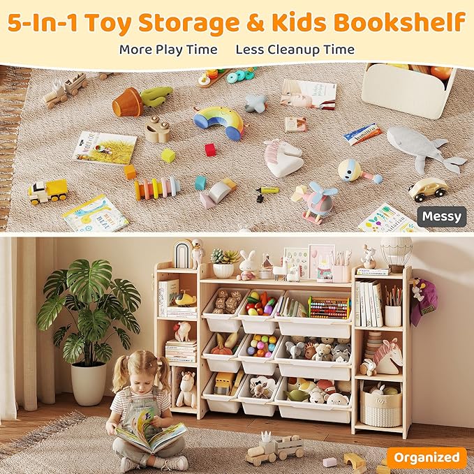 GITAWUSA Toy Storage Organizer, Kids Bookshelf with 6 Shelves, 9 Toy Bins & 6 Hooks | Toy Shelf, Storage Bin Unit, Toy Organization for Playroom, Nursery, Bedroom, Toddler Room, White, 57''W