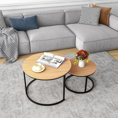 HOJINLINERO Round Coffee Table,Nesting Coffee Table Set of 2,Center Tables for Living Room,Office, Home Small Space,Stacking Side Tables,Sturdy and Easy Assembly,Wood Desktop,Black+Teak OAKDK,Large