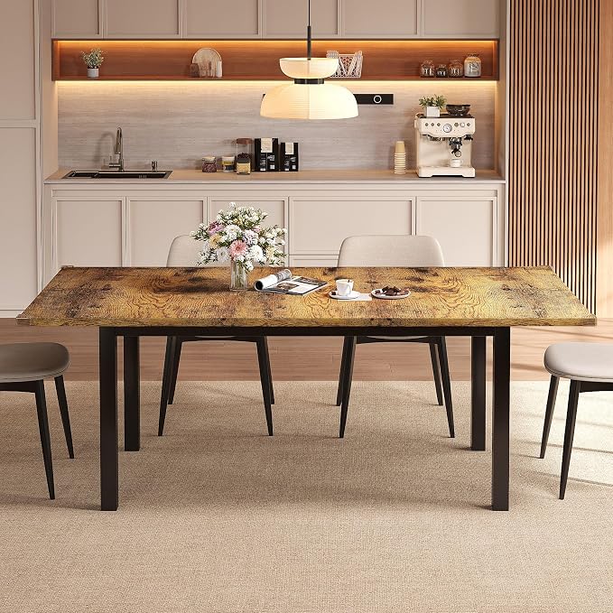 Einhomn Extendable Dining Table for 4-6, 63" Modern Kitchen Table, Farmhouse Dining Room Tables for Dining, Kitchen, Office, Living Room, Rectangular Wooden Tables, Space Saving (Rustic Brown)