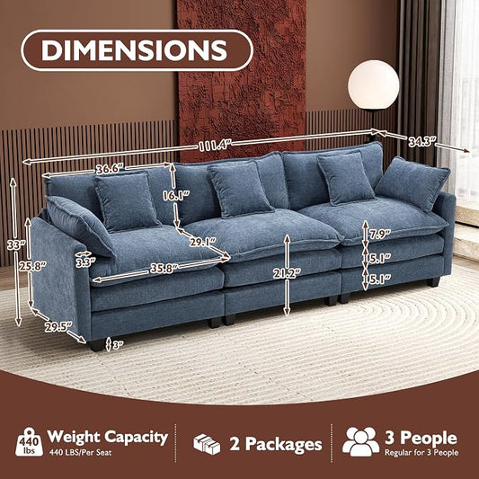 Ihanherry 111.4 Inch 3-Seater Cloud Sofa, Modular Sectional Couch, Modern Deep Seat Sofa for Living Room, Comfy Double Layer Upholstered Seat Cushion, Breathable Chenille Fabric, Blue
