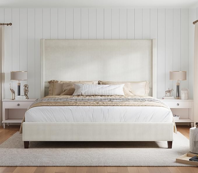 HOWE King Size Bed Frame with 61.4" Extra Tall Headboard, Corduroy Upholstered Bed with Vertical Wingback Headboard, No Box Spring Needed/Noise Free/Solid Wood Slats & Legs/Cream