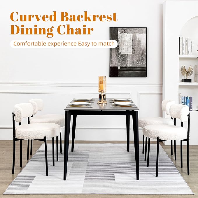 DYHOME White Boucle Dining Chairs Set of 4, Upholstered Kitchen Chairs with Thick Cushions and Metal Legs, Round Modern Dining Room Chairs