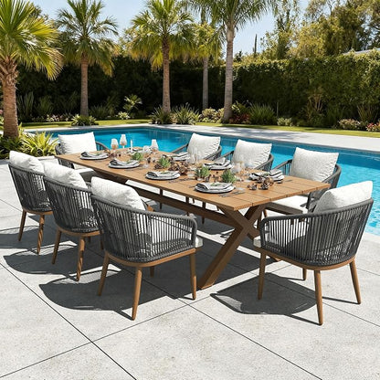 LayinSun 9 Pieces Outdoor Patio Dining Set, Aluminium Rectangular Dining Table and Wicker Rattan Chairs Set for Outside Backyard, Poolside
