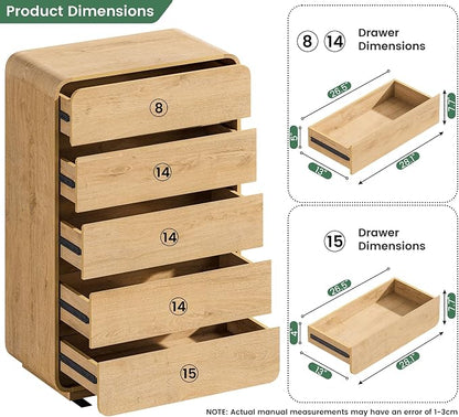 Standifurno Natural 5 Drawer Dresser, Modern Dresser with Storage, Chest Drawers with Wood Grain Texture, Drawers Organizer for Bedroom, Living Room, Hallway.