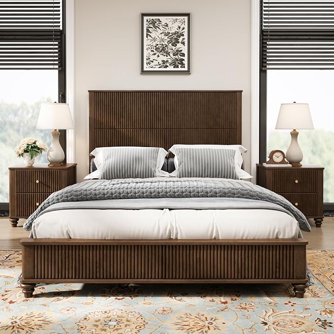 3-Pieces Bedroom Sets, Queen Size Platform Bed with 2 Nightstands, Solid Wood Platform Bed Frame with Tall Headboard and Classic American Turned Legs (Brown-5.25, Queen)