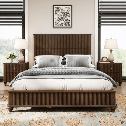 3-Pieces Bedroom Sets, Queen Size Platform Bed with 2 Nightstands, Solid Wood Platform Bed Frame with Tall Headboard and Classic American Turned Legs (Brown-5.25, Queen)