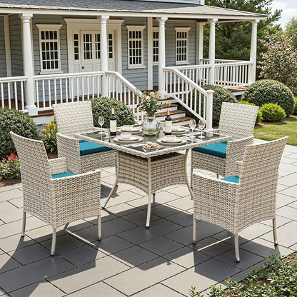 5-Piece Patio Dining Set, Patio Furniture Set with Square Tempered Glass Table & 4 Wicker Chairs, Expandable Design for Larger Groups, Outdoor Furniture for Backyard, Deck, Garden, Turquoise