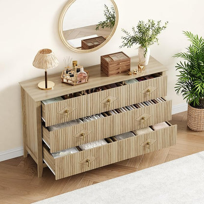 GarveeHome Fluted Dresser for Bedroom, 54 Inch Wide 7-Drawer Wood Dresser, Modern Chest of Drawers, Storage Organizer Cabinet for Living Room, Hallway, Entryway, Natural