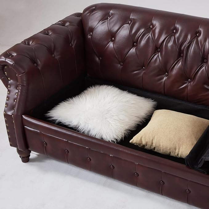 85.8" Tufted Leather Chesterfield Sofa with Storage, PU Chesterfield Couch with 3 Seats, Modern Chesterfield Sofa with Rolled Arm, Button Tufted Sofa for Living Room, Burgundy