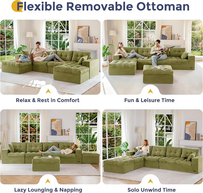 MAXYOYO 132" U Shaped Modular Sectional Sofa with 2 Ottomans, Cloud Boneless Couch with Layered Cushion, Flexible Module Combination Sofa for Living Room, No Assembly Required, Green