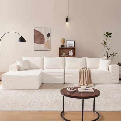 Mangodan 140” Cloud Sectional Couch, Modular Sectional Sofa with Deep Seat, Boneless Sofa for Living Room, Fluffy Comfy L-Shaped Couch with Left Facing Chaise, No Assembly Required, Beige