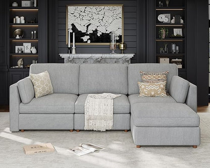 Oversized Modular Sectional Sofa L-Shaped Cloud Couches Gray | 116'' Deep Seat Couch for Living Room, 4-Seater Luxury Corner sofa with Ottoman, Solid Wood Frame, Removable Washable Cover
