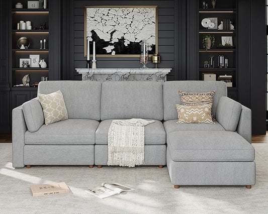 Oversized Modular Sectional Sofa L-Shaped Cloud Couches Gray | 116'' Deep Seat Couch for Living Room, 4-Seater Luxury Corner sofa with Ottoman, Solid Wood Frame, Removable Washable Cover