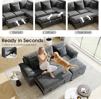 86" Modular Sectional Sleeper Sofa Bed, L Shaped 4 Seat Pull Out Couch with Storage Ottoman, Convertible Cloud Couch Bed, Sectional Couches for Living Room, Apartment (Gray)